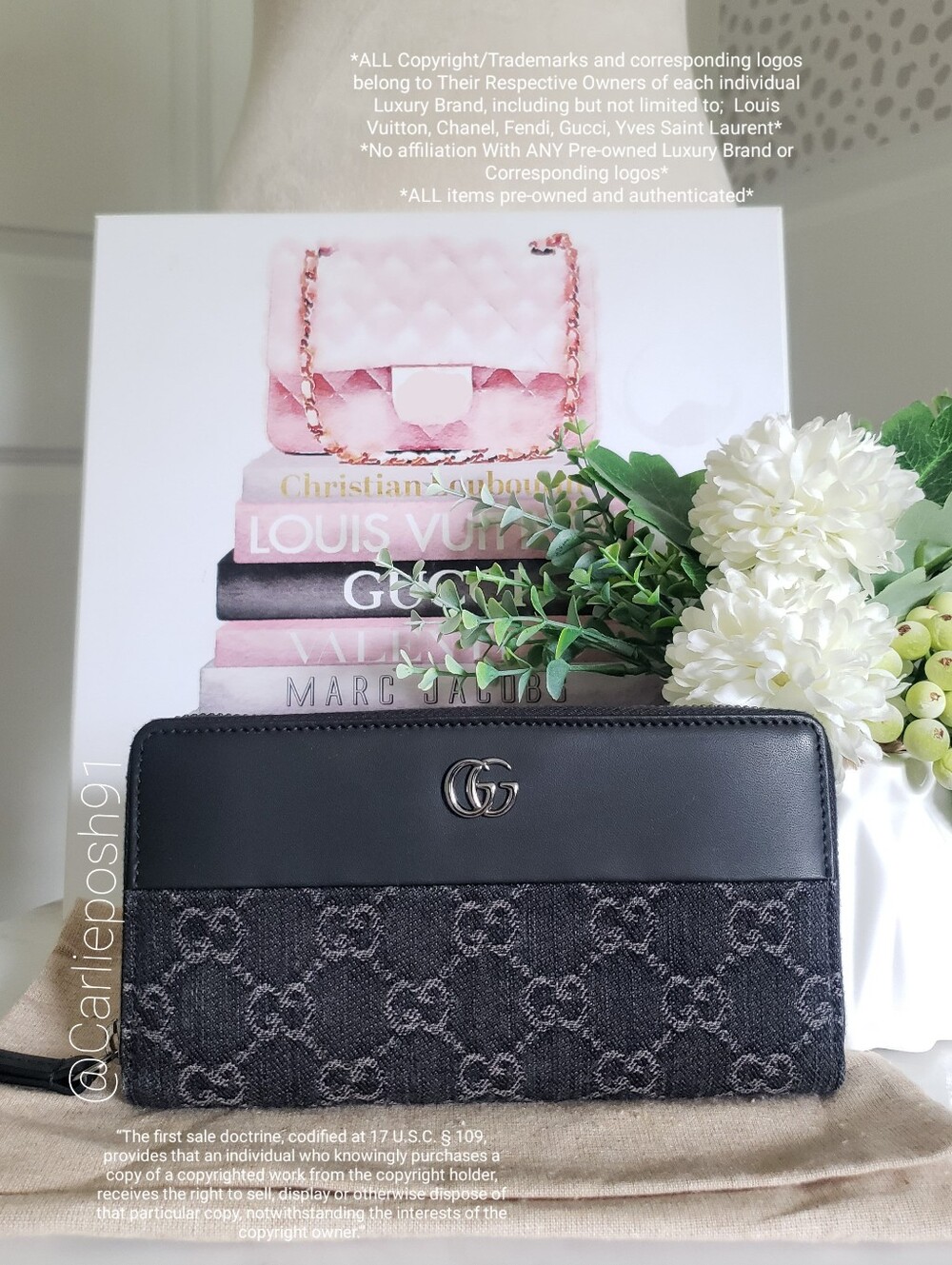 Authentic Pre-owned Gucci Petite Marmont Black Denim & Leather Zip Around Wallet - Picture 2 of 13